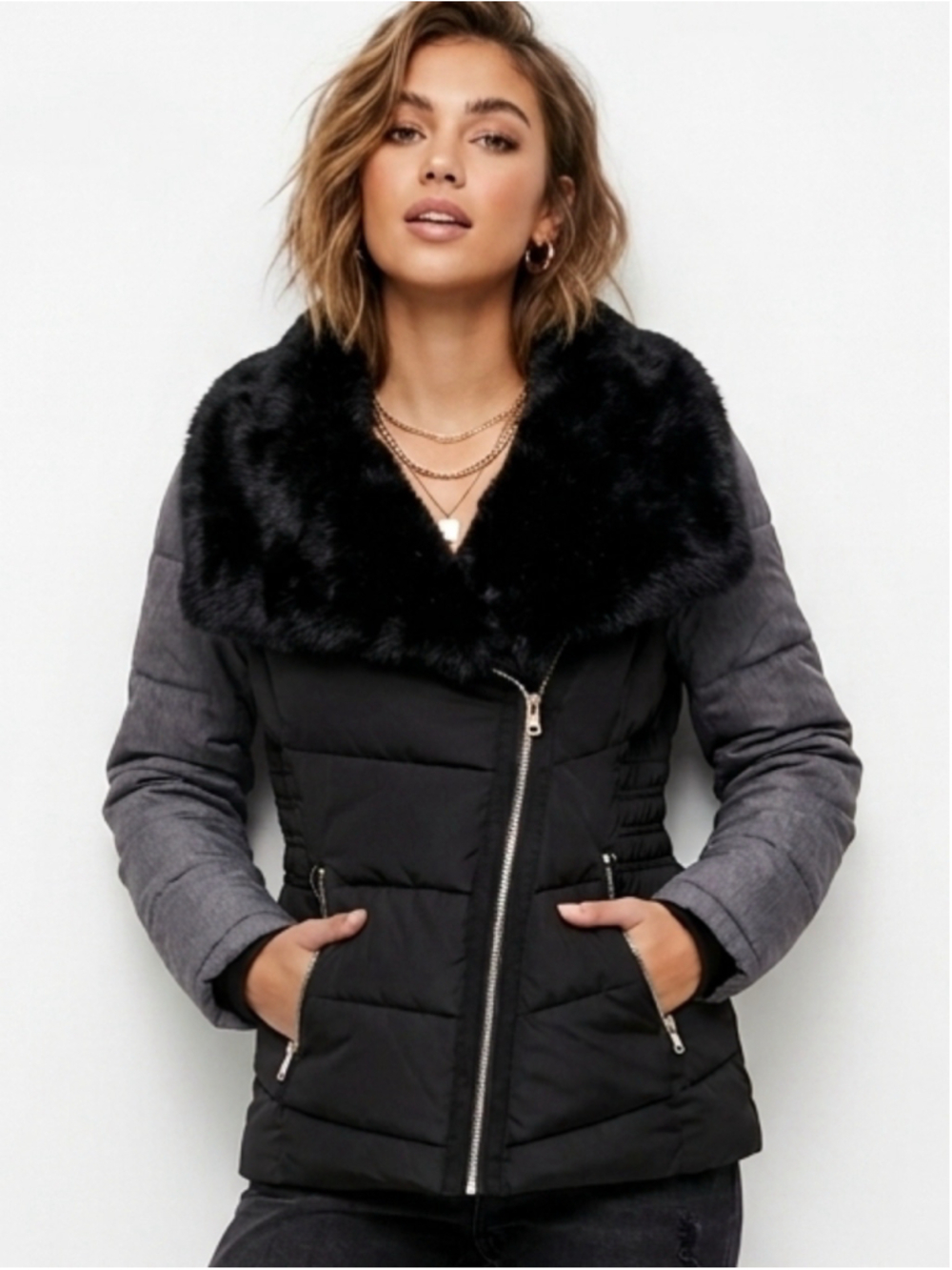 Women's Buffalo David Bitton Black Jacky Asymmetrical Puffer Jacket Faux Fur Med